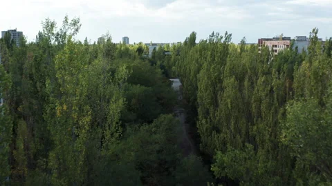 Fly through a park in exclusion zone nearby historically famous Hotel Stock Footage 241797484