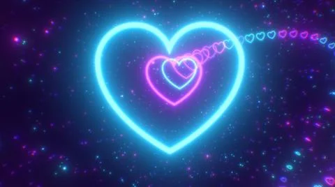 Fly Through Pink Blue Fast Neon Glow Light Speed Heart Shaped Tunnel Foto stock