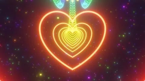 Fly Through Rainbow Neon Glowing Triple Heart Endless Wave 3D Tunnel Stock Footage 261325424