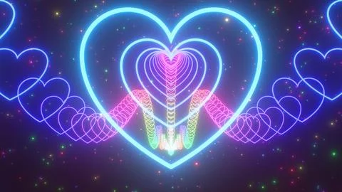 Fly Through Rainbow Neon Glowing Triple Heart Endless Wave 3D Tunnel Stock Illustration