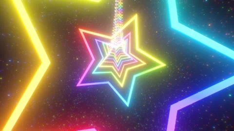 Fly Through Rainbow Neon Star Shape Space Portal Ring At Light Speed Stock Footage 309379122