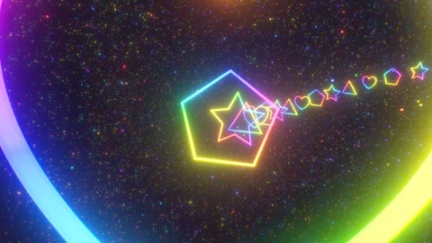 Fly Through Retro Rainbow Neon Glow Shape Tunnel With Sparkle Stars Stock Footage 318417600