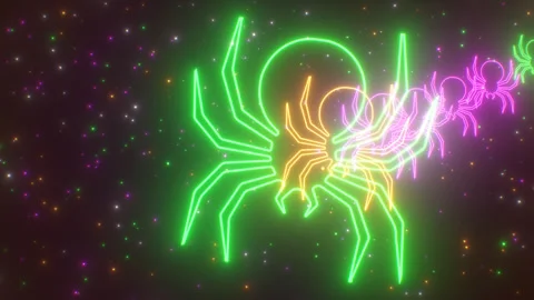 Fly Through Scary Spider Shaped Halloween Glowing Neon Lights Tunnel Stock-Footage 343327630
