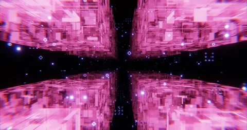 Fly through sci-fi abstract cubes space with blue and pink neon lights. Stock Footage 152068421