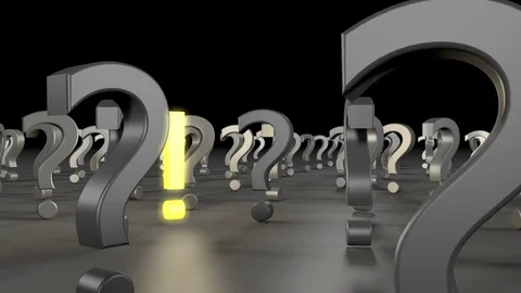 Fly through some question marks to a single glowing exclamation mark Stock Footage 82794714