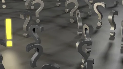 Fly through some question marks to a single glowing exclamation mark Stock Footage 82794819