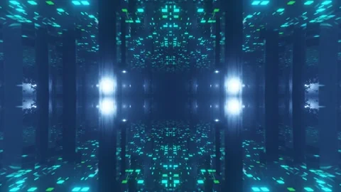 Fly through symmetrical technology cyberspace with neon glow. Sci-fi flight Stock Footage 201217958