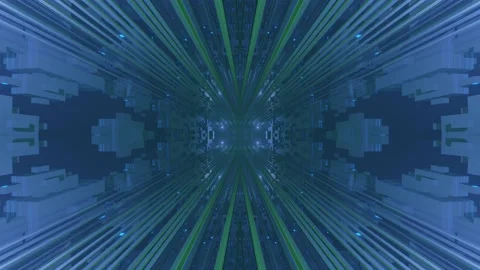 Fly through symmetrical technology cyberspace with neon glow. Sci-fi flight Stock Footage 223229653