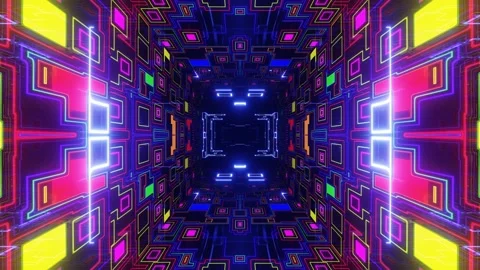 Fly through symmetrical technology cyberspace with neon glow. Sci-fi flight Video stock 223231746