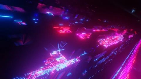 Fly through technology cyberspace with blue red neon glow. Sci-fi flight through Stock Footage 223229839