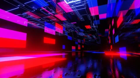 Fly through technology cyberspace with neon glow. Sci-fi flight through hi-tech Видео 172456423