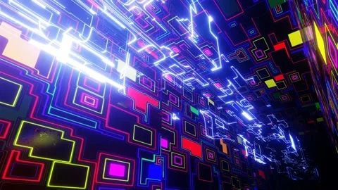 Fly through technology cyberspace with neon glow. Sci-fi flight through hi-tech Stock Footage 217828669