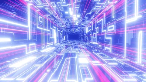 Fly through technology cyberspace with neon glow. Sci-fi flight through hi-tech Stock Footage 223236648