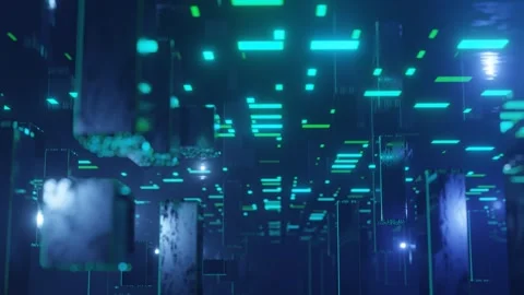 Fly through technology cyberspace with neon glow. Sci-fi flight through hi-tech Stock Footage 281349492