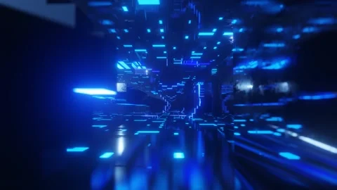 Fly through technology cyberspace with neon glow. Sci-fi flight through hi-tech Stock Footage 281349584