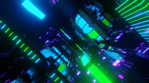 Fly through technology cyberspace with neon glow. Abstract blue green blocks Stock Footage 281350076