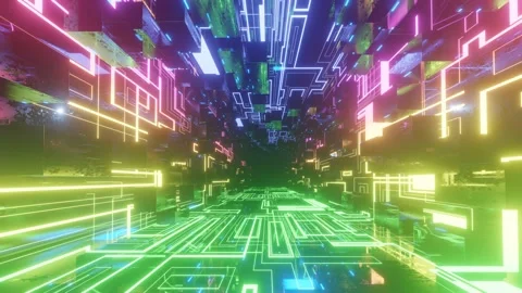 Fly through technology cyberspace with rainbow neon glow. Sci-fi flight through Stock Footage 217825573