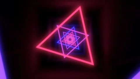 Fly through Ultraviolet Glowing Neon Triangle Black Light Tunnel Stock Footage 124304075