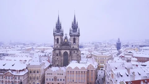 Fly through window, view on the Tyn Church, Old Town Prague, Czech Republic. Stock Footage 82228980
