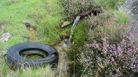 Fly tipping by beautiful stream north yorkshire moors united kingdom Stock Footage 148829233