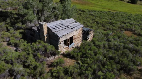 Fly toward abandoned log cabin in overgrown field near mountains Stock Footage 280318837