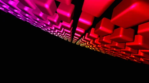 Fly Under Platform Ceiling of Colored Cubes Grid 3d Stock Footage 143892119