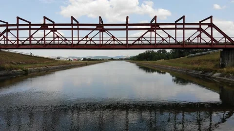 Fly under the red bridge in Trencin Stock Footage 203905692
