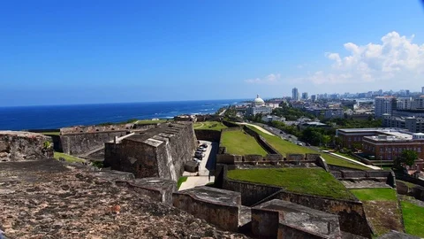 A fly by view of Old San Juan in Puerto Rico Stock Footage 128152698