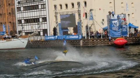 Flyboard acrobatics show, double backflip Stock-Footage 93687637