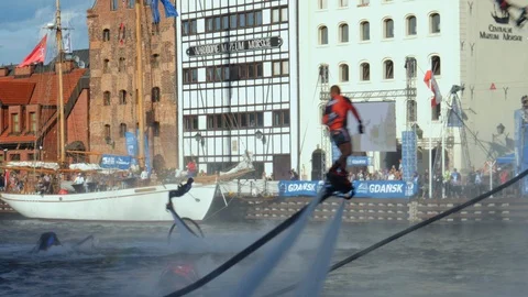Flyboard acrobatics show, dynamic tricks, master, pro Stock Footage 93688499