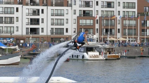 Flyboard acrobatics show, dynamic tricks, master-August 2018,Gdansk,Poland Stock-Footage 96341538