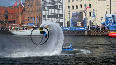 Flyboard acrobatics show slow motion, double backflip 스톡 동영상 93688030