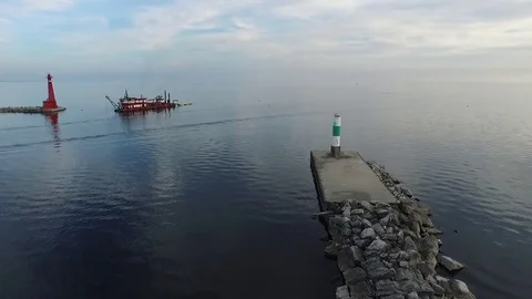 Flyby Breakwall and Barge Stock Footage 81911449