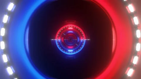 Flyby of the camera through the red-blue rings with glowing lines on a black bac Stock Footage 168164641