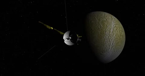 Flyby of Cassini spacecraft on its final approach toward Rhea Stock-Footage 57609415