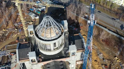 Flyby on the drone construction of the temple Stock Footage 118514681