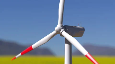 Flyby drone view of wind turbine working in summer sunny landscape Video stock 152790846