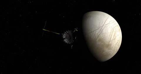 Flyby of Galileo spacecraft on its final approach toward Europa Stock Footage 61155831