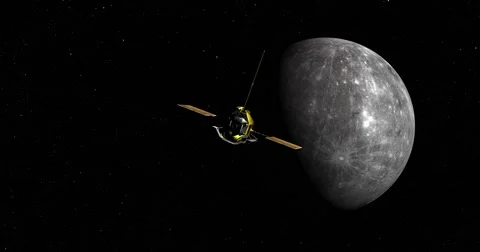 Flyby of Messenger spacecraft on its final approach toward Mercury Stock Footage 59532924