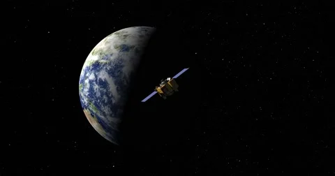 Flyby of OSIRIS-REx spacecraft as it departs Earth and heads into space Stock Footage 68380072