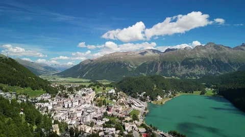 Flyby over St. Moritz town and lake Stock Footage 250161149
