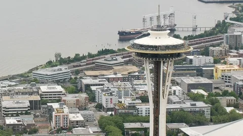 Flyby of the Seattle Space Needle Stock Footage 114362351