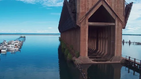 Flyby Side Of Ore Dock In Marquette, Michigan Stock Footage 71328210