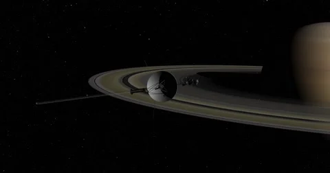 Flyby of Voyager spacecraft on its final approach toward Saturn. Stock Footage