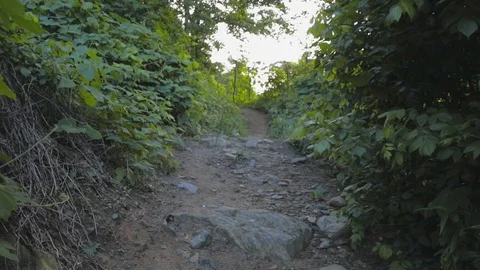 Flycam slowmo walking up rocky path Stock Footage 90355211