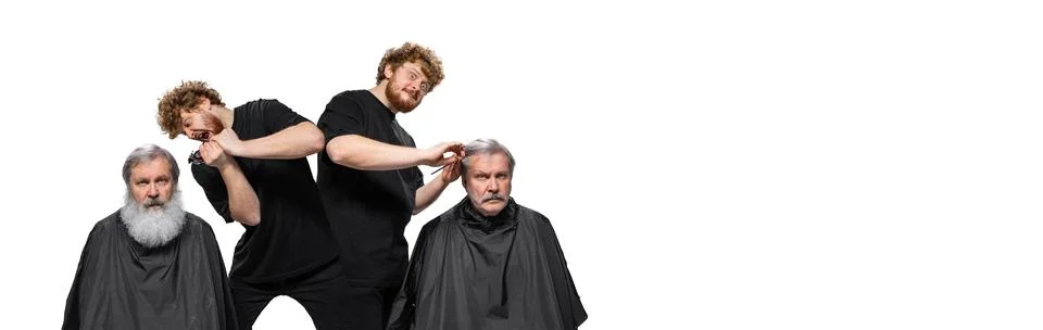 Flyer. Comic collage made with young red-headed male barber doing creative Stock Photos