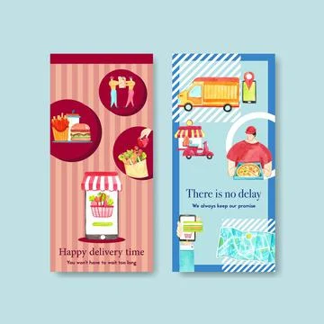 Flyer design for food delivery with burger,french fries,pizza watercolor illu Stock Illustration
