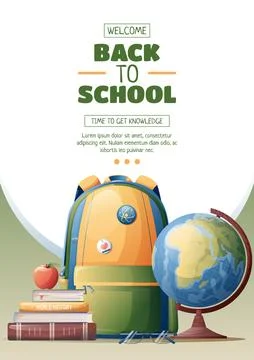 Flyer design with school backpack, globe and textbooks. School time, back to  Stock Illustration