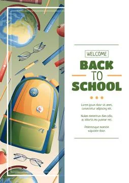 Flyer design with school backpack, globe and textbooks. School time, back to  Stock Illustration
