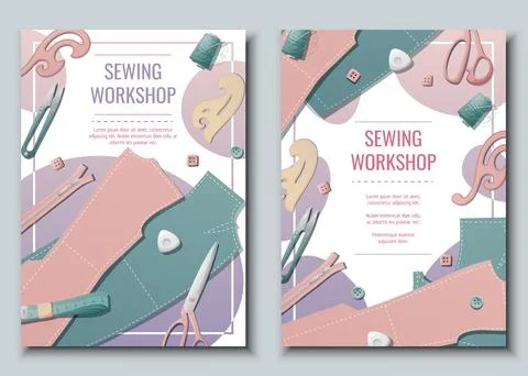 Flyer design set forwith pattern, thread, pattern, scissors. Needlework, hobb イラスト素材